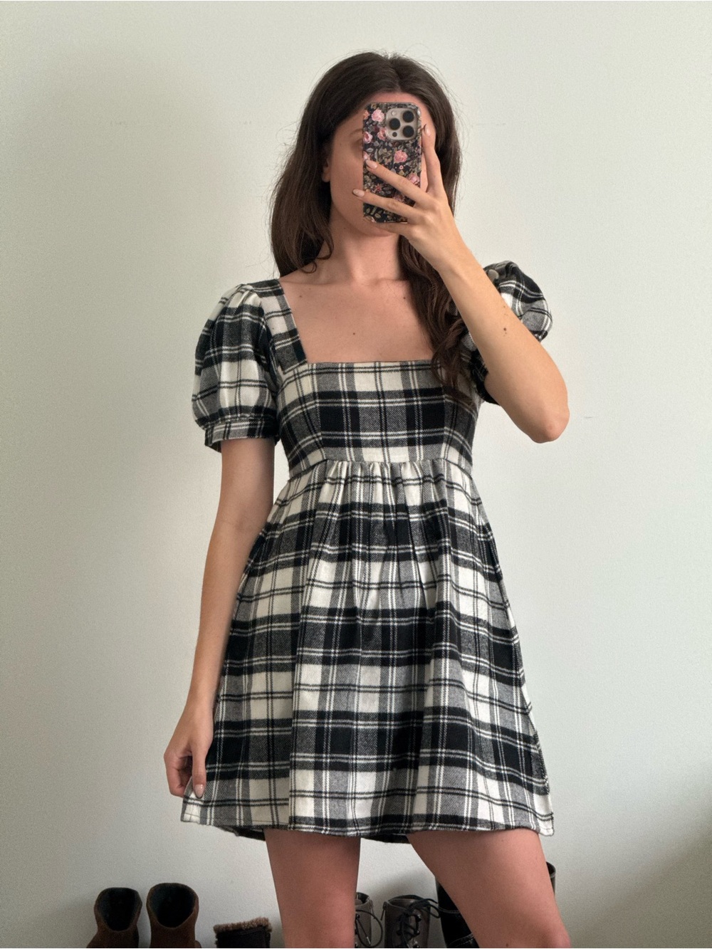 Luba Black & White Plaid Babydoll Mini Dress